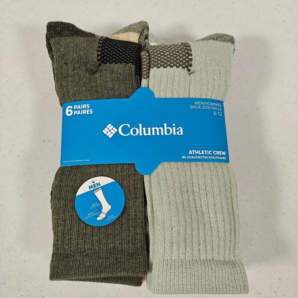 Men's Columbia Athletic Crew Socks 6 Pairs Six Pack Multi Color Green Size 6-12